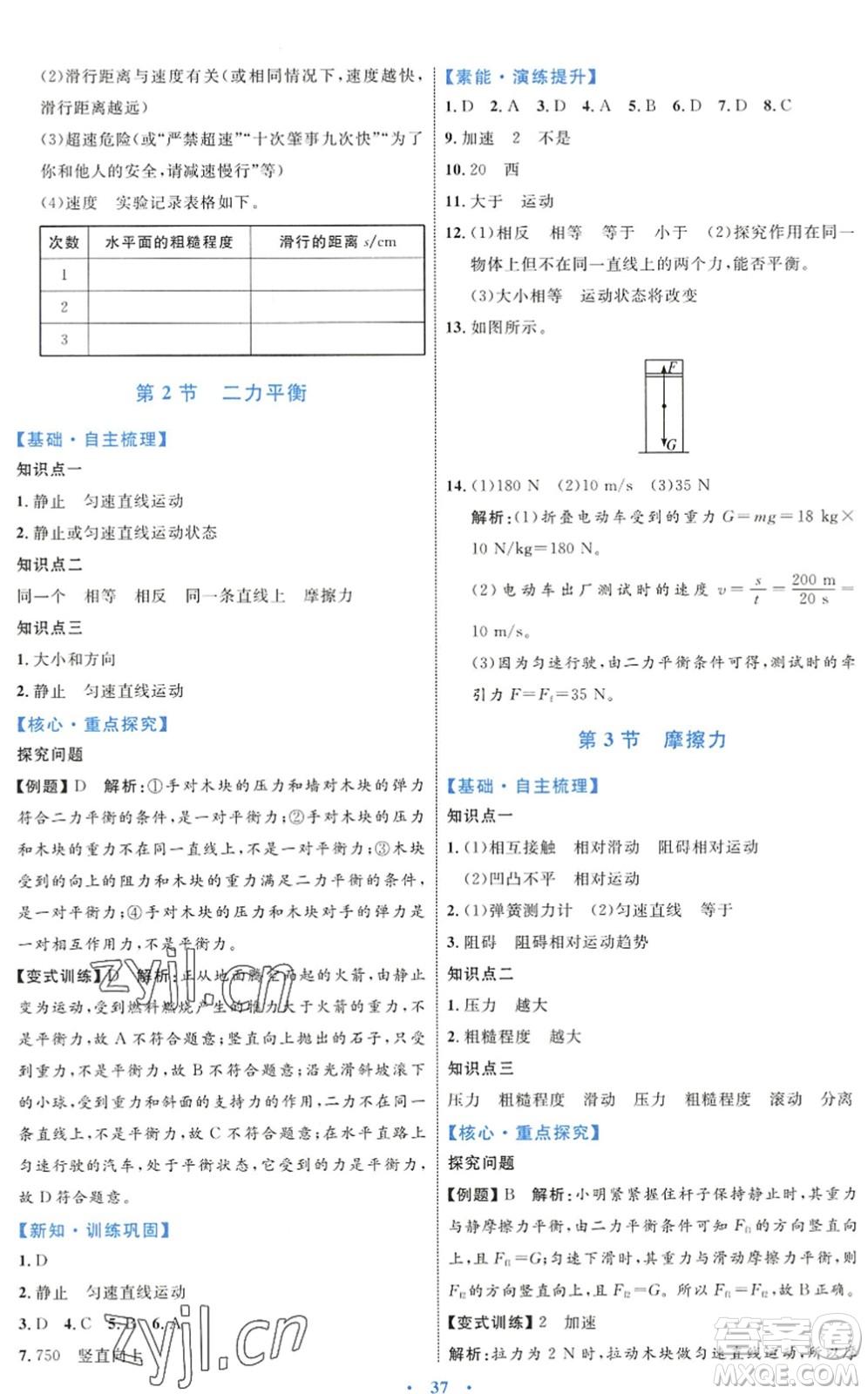 內蒙古教育出版社2022初中同步學習目標與檢測八年級物理下冊人教版答案