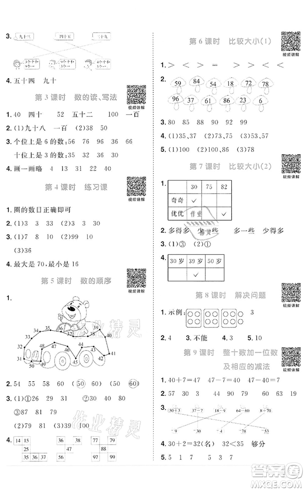 浙江教育出版社2022陽光同學(xué)課時達(dá)標(biāo)訓(xùn)練一年級數(shù)學(xué)下冊R人教版浙江專版答案