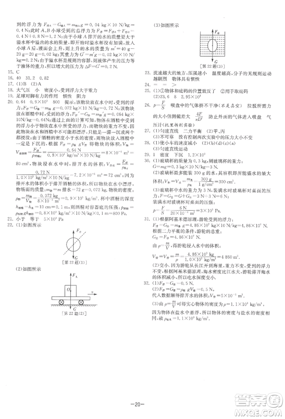 江蘇人民出版社2022年1課3練單元達標測試八年級下冊物理蘇科版參考答案