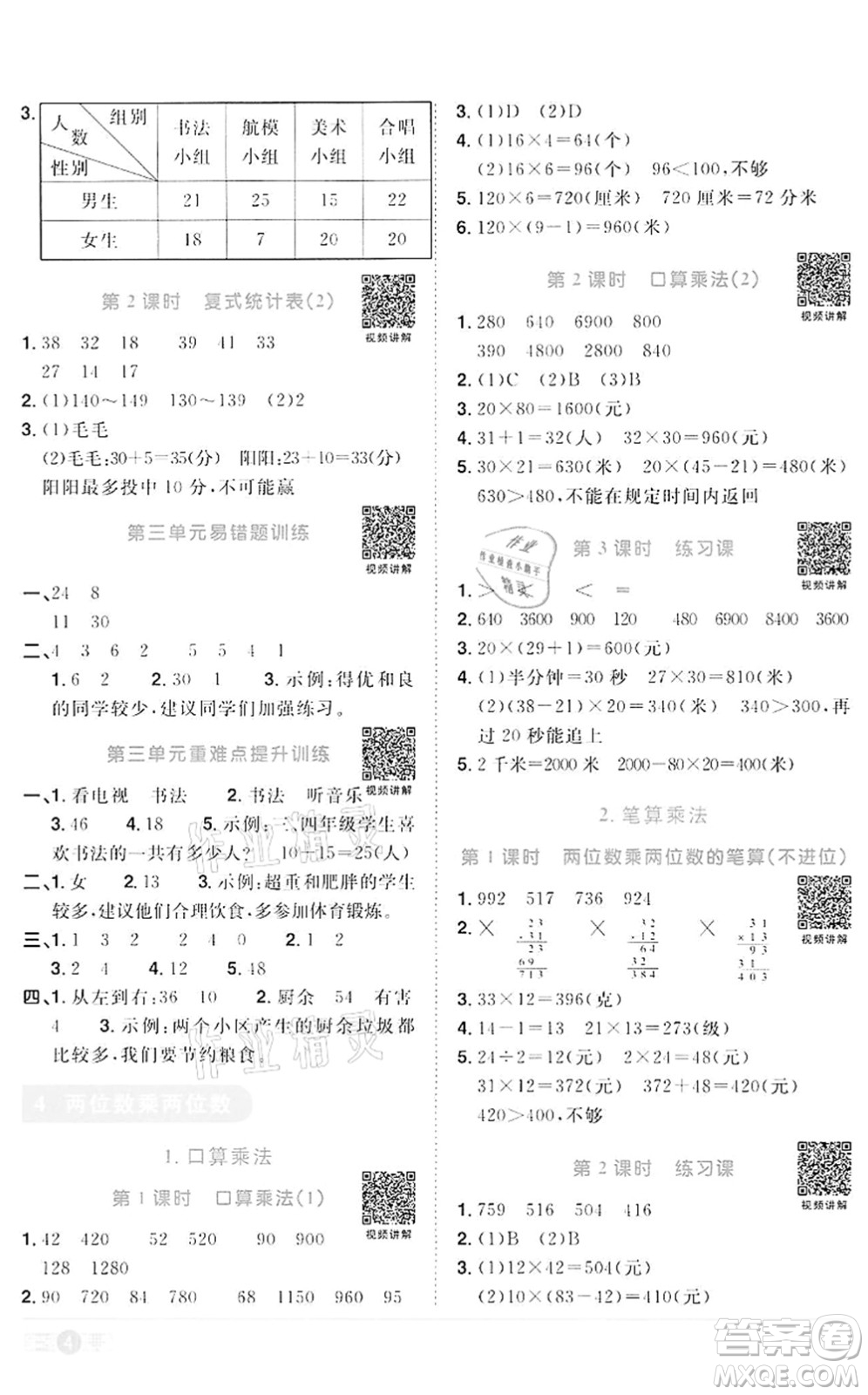 浙江教育出版社2022陽光同學課時達標訓練三年級數(shù)學下冊R人教版浙江專版答案