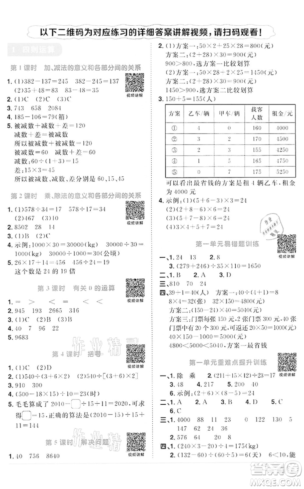 浙江教育出版社2022陽光同學課時達標訓練四年級數(shù)學下冊R人教版浙江專版答案