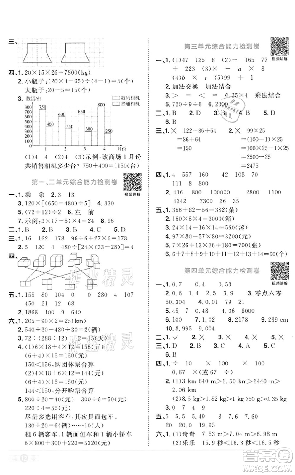 浙江教育出版社2022陽光同學課時達標訓練四年級數(shù)學下冊R人教版浙江專版答案