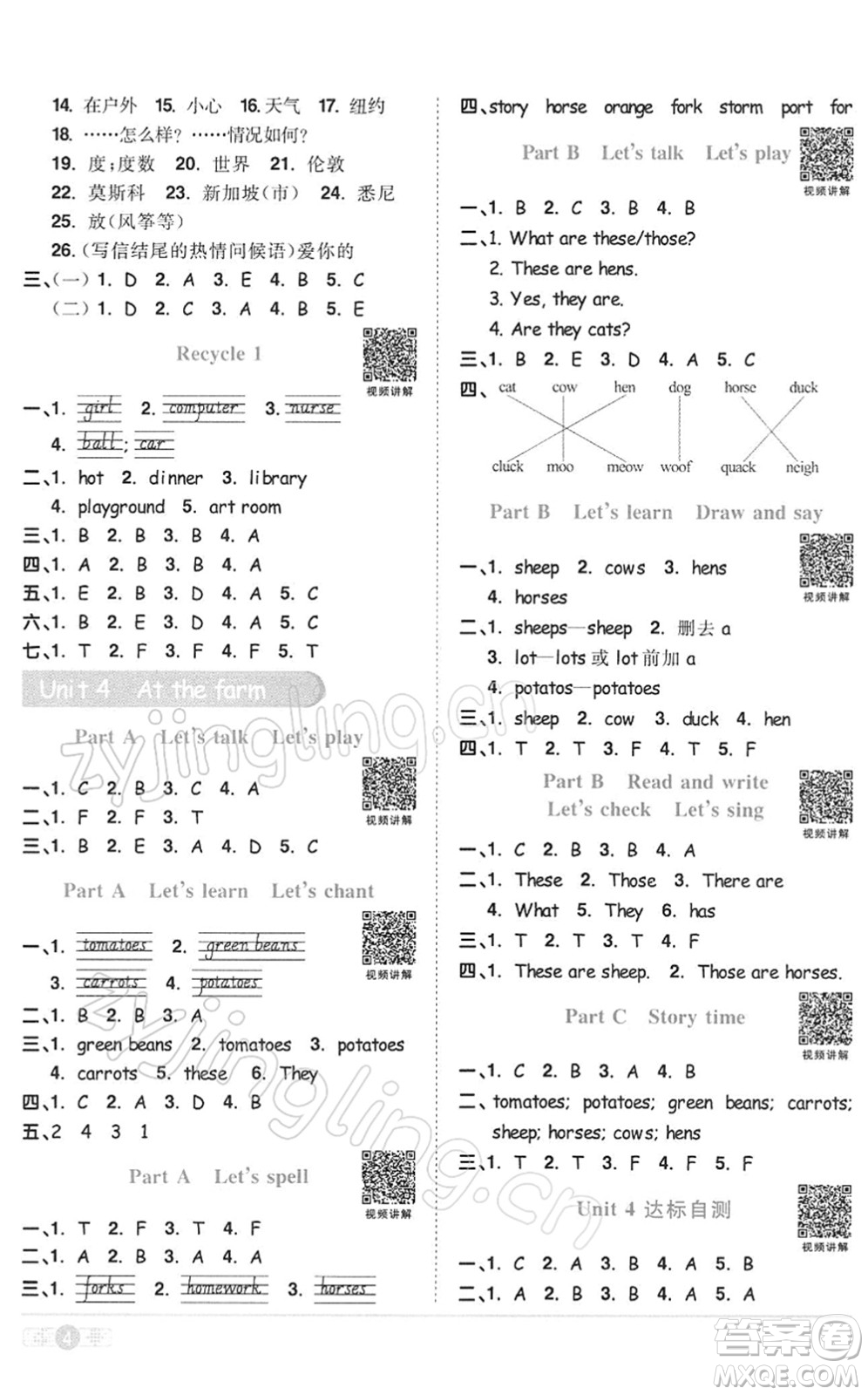 浙江教育出版社2022陽光同學(xué)課時(shí)達(dá)標(biāo)訓(xùn)練四年級英語下冊PEP版浙江專版答案