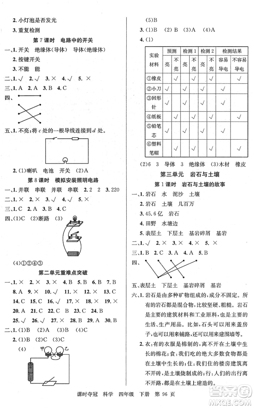 新疆科學(xué)技術(shù)出版社2022課時(shí)奪冠四年級(jí)科學(xué)下冊(cè)JK教科版答案