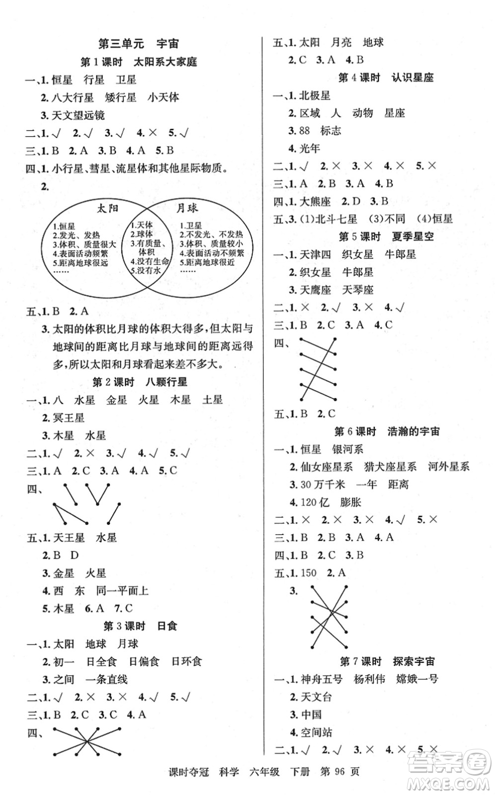 新疆科學技術(shù)出版社2022課時奪冠六年級科學下冊JK教科版答案