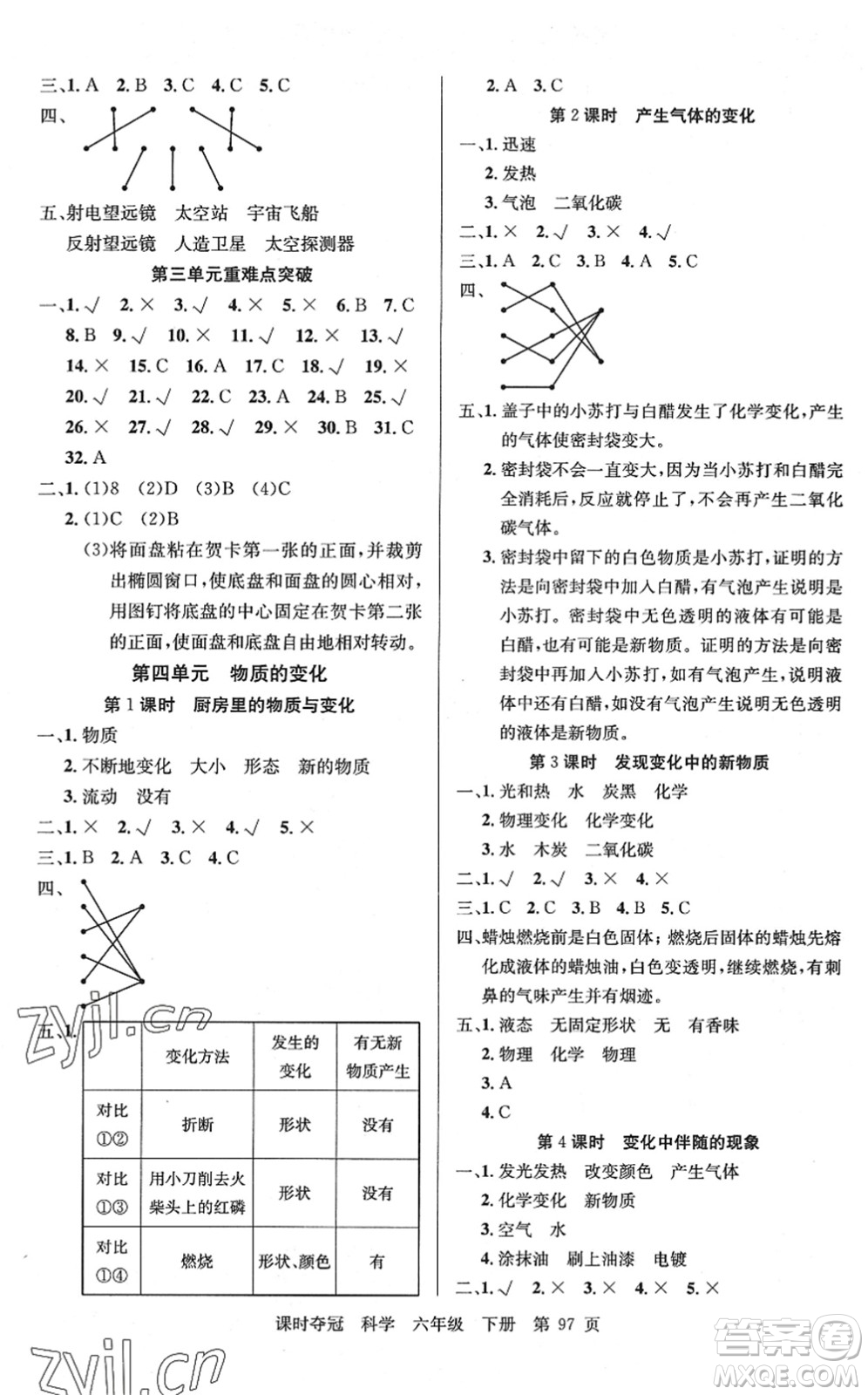 新疆科學技術(shù)出版社2022課時奪冠六年級科學下冊JK教科版答案