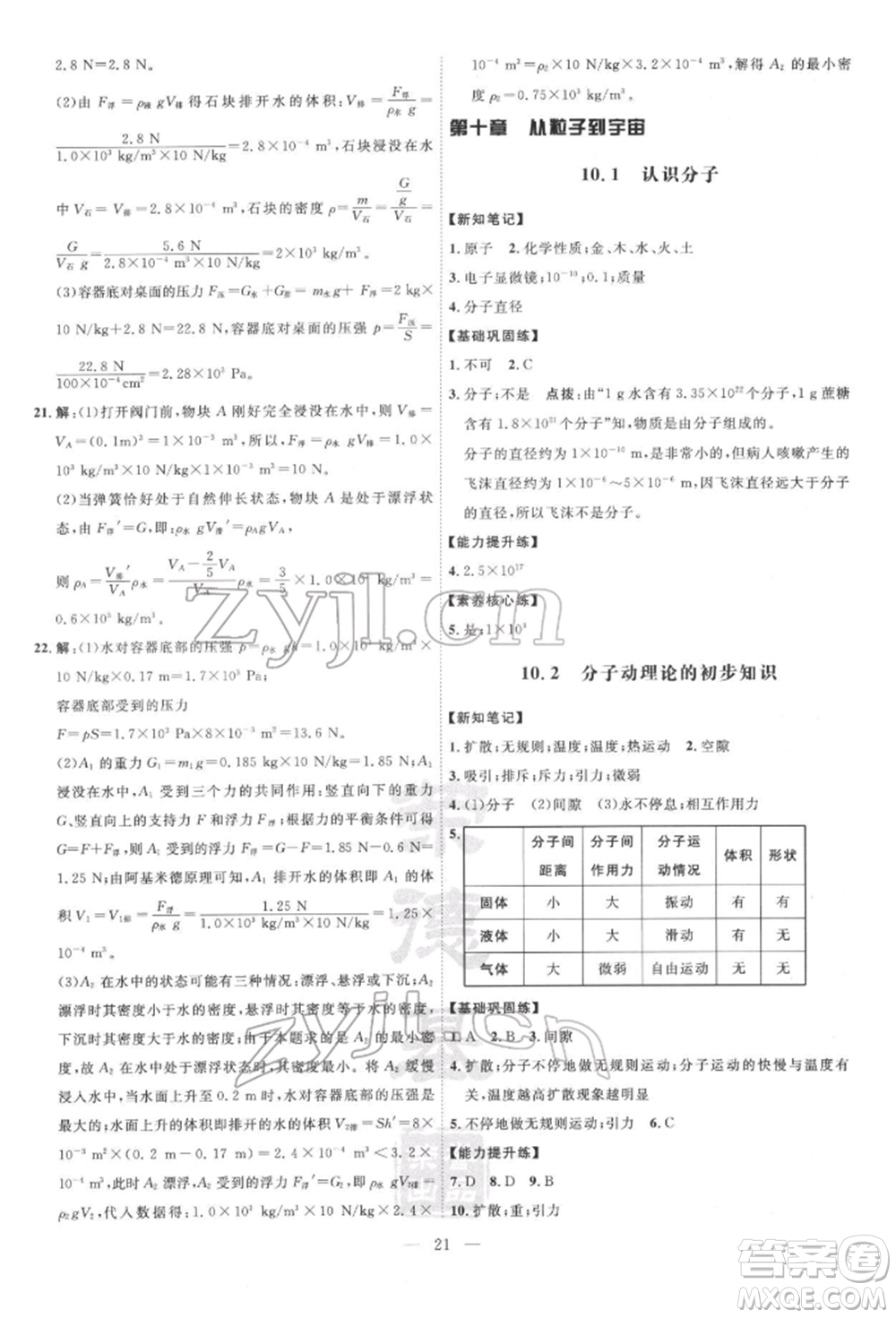 吉林教育出版社2022點(diǎn)撥訓(xùn)練課時(shí)作業(yè)本八年級下冊物理滬粵版參考答案