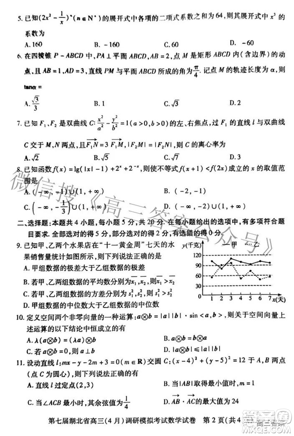 2022年第七屆湖北省高三4月調(diào)研模擬考試數(shù)學(xué)試題及答案