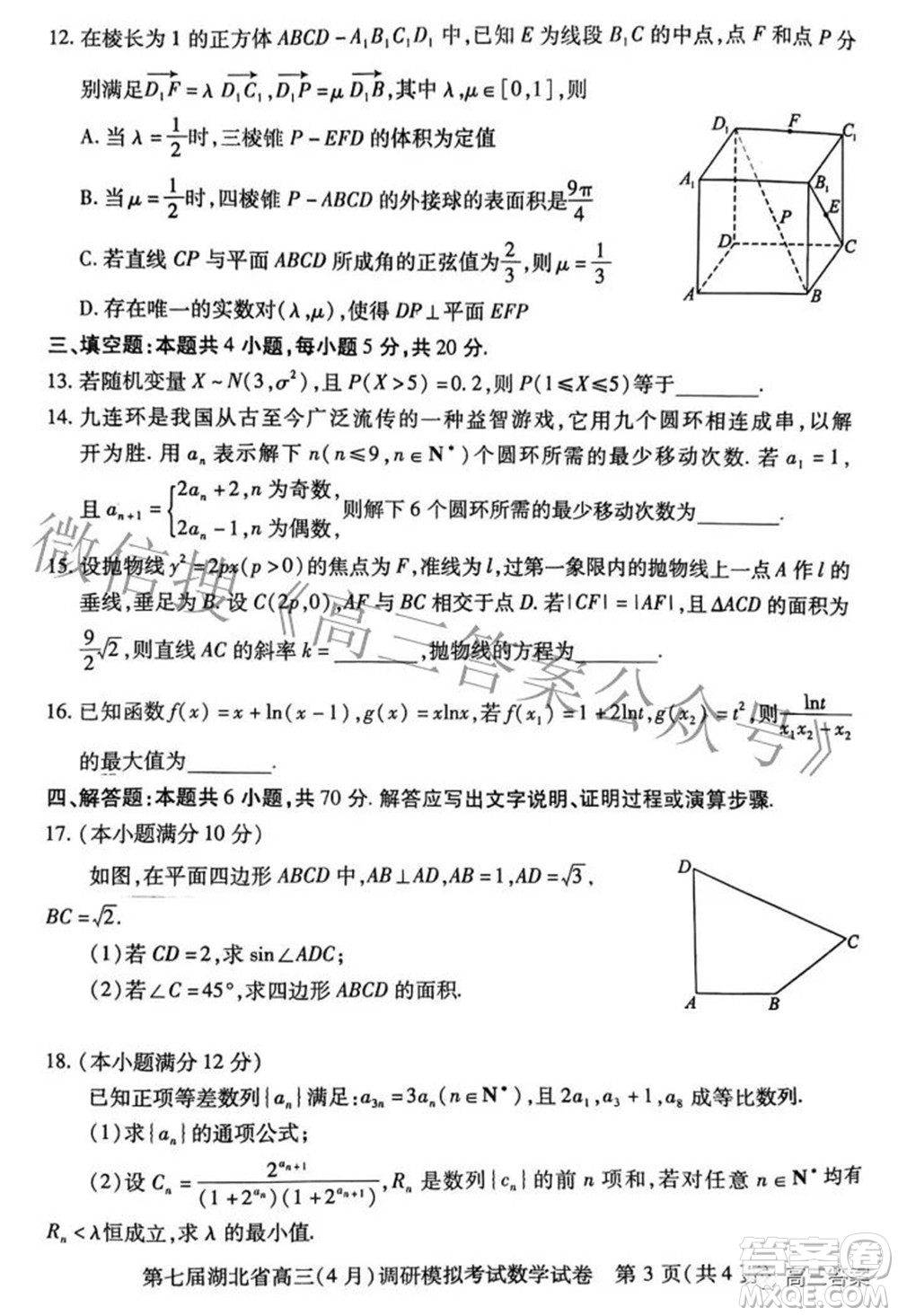 2022年第七屆湖北省高三4月調(diào)研模擬考試數(shù)學(xué)試題及答案