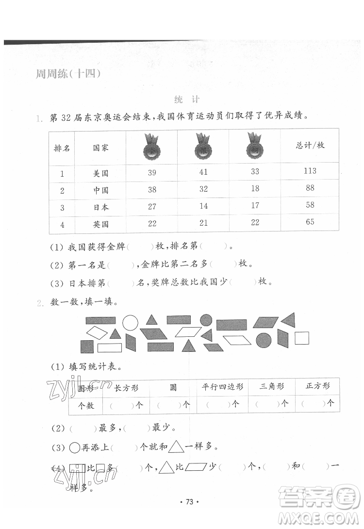 山東教育出版社2022金鑰匙小學(xué)數(shù)學(xué)試卷一年級下冊青島版答案