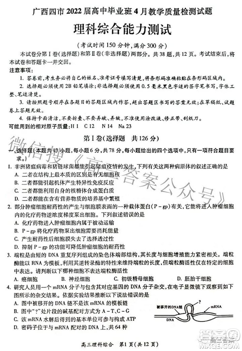 廣西四市2022屆高中畢業(yè)班4月教學(xué)質(zhì)量檢測(cè)試題理科綜合試題及答案