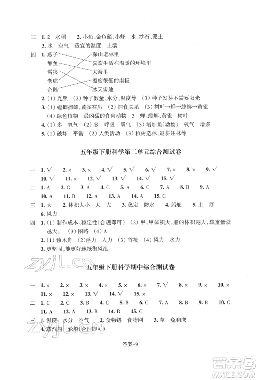 浙江少年兒童出版社2022每課一練五年級(jí)下冊(cè)科學(xué)教科版參考答案