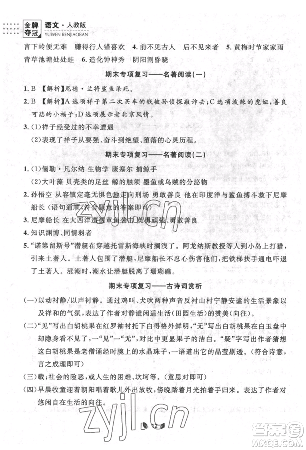 延邊大學(xué)出版社2022點(diǎn)石成金金牌奪冠七年級(jí)下冊(cè)語文人教版參考答案