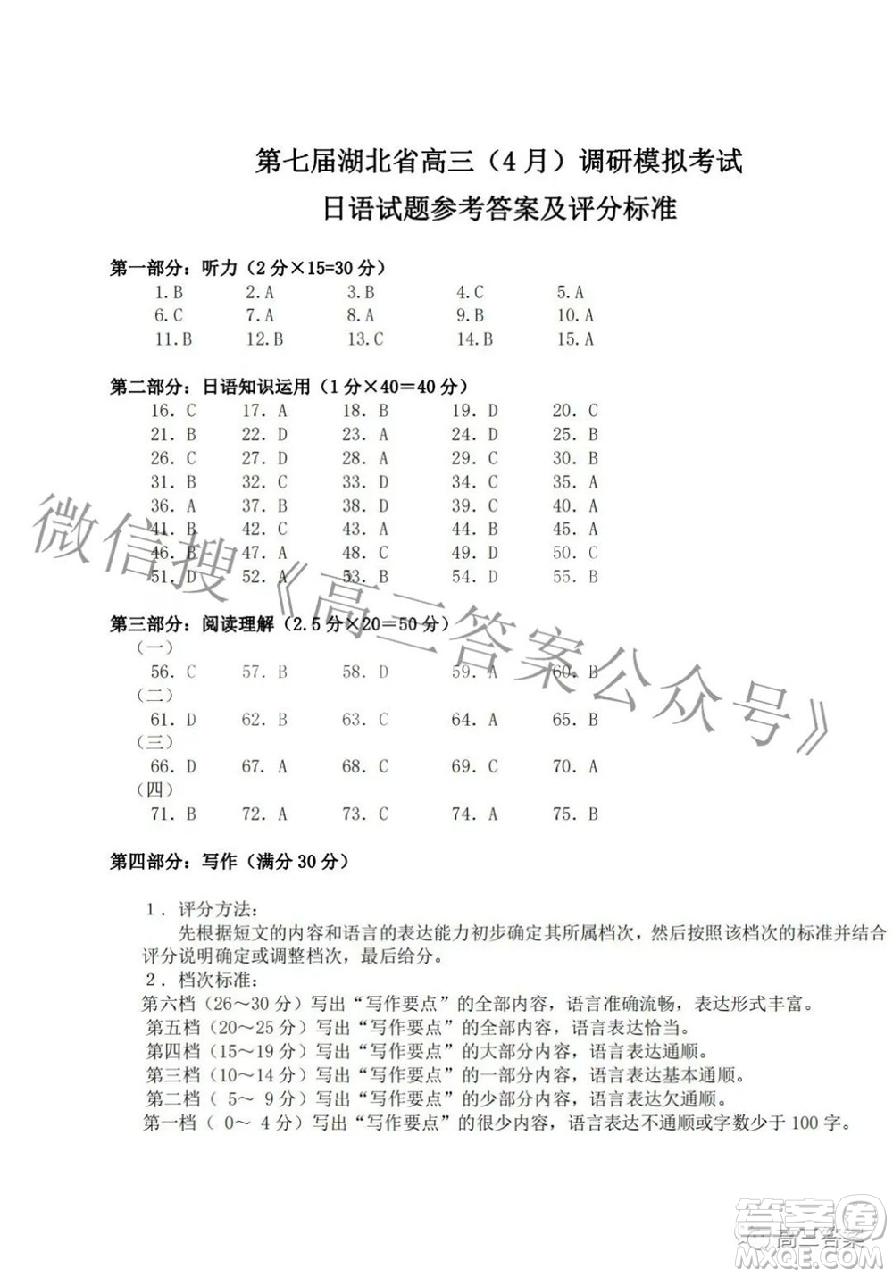 2022年第七屆湖北省高三4月調(diào)研模擬考試日語試題及答案