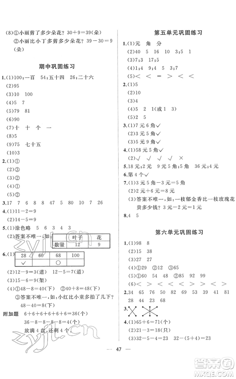 廣西師范大學(xué)出版社2022課堂小作業(yè)一年級(jí)數(shù)學(xué)下冊(cè)R人教版答案