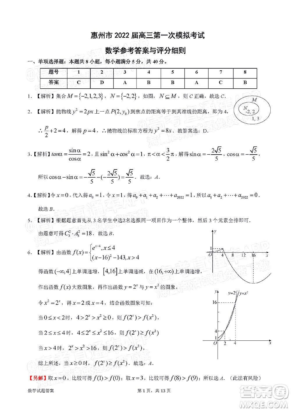 惠州市2022屆高三第一次模擬考試數(shù)學(xué)試題及答案