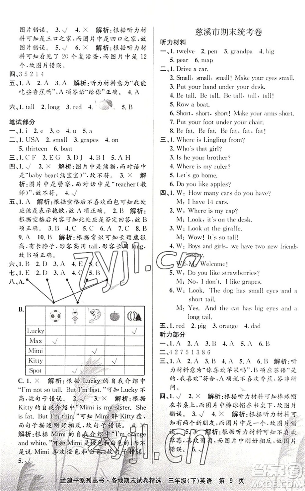 浙江工商大學(xué)出版社2022孟建平各地期末試卷精選三年級英語下冊R人教版答案