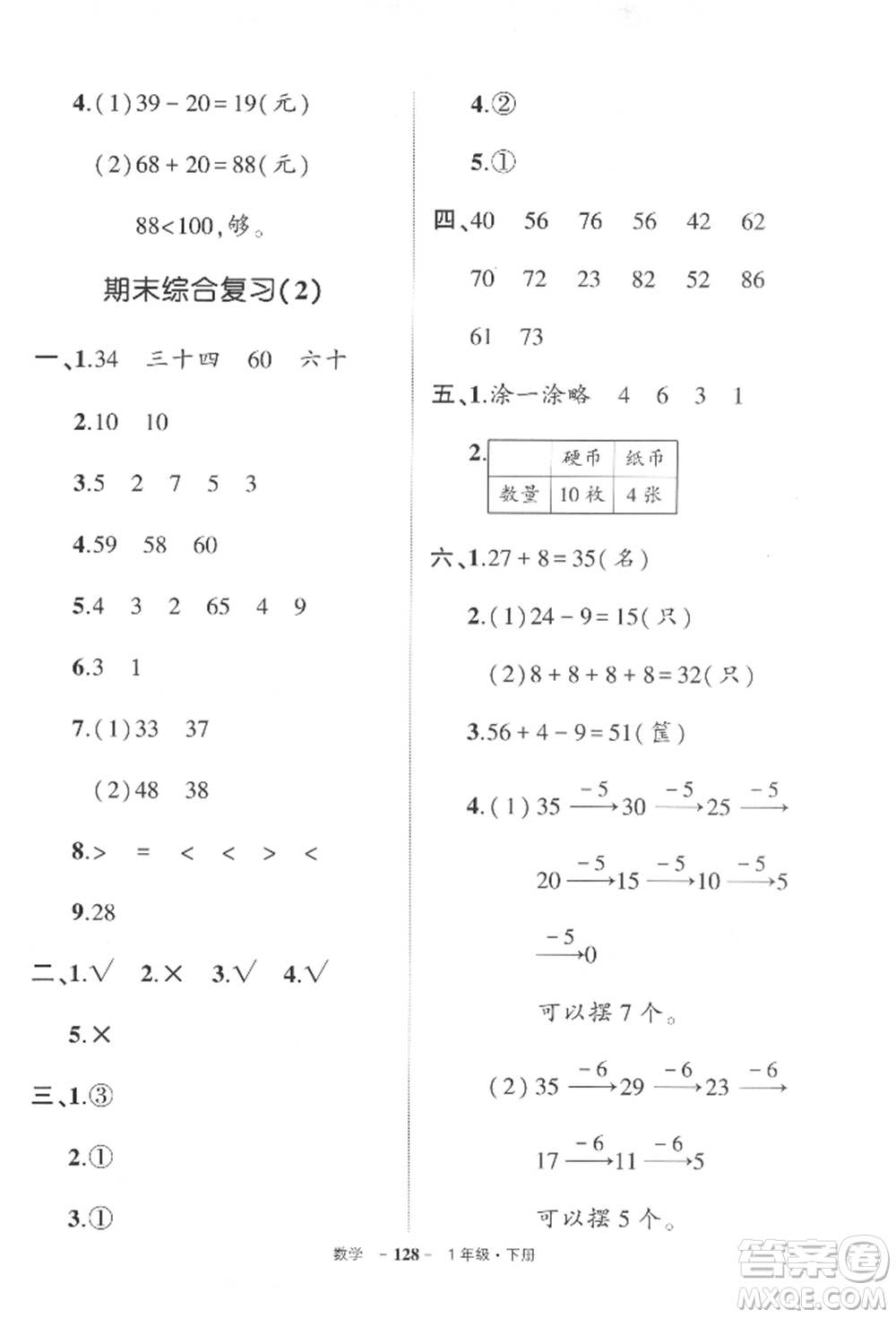 武漢出版社2022狀元成才路創(chuàng)優(yōu)作業(yè)100分一年級(jí)下冊(cè)數(shù)學(xué)人教版參考答案