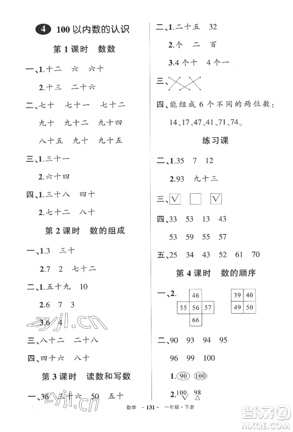 武漢出版社2022狀元成才路創(chuàng)優(yōu)作業(yè)100分一年級下冊數(shù)學人教版貴州專版參考答案