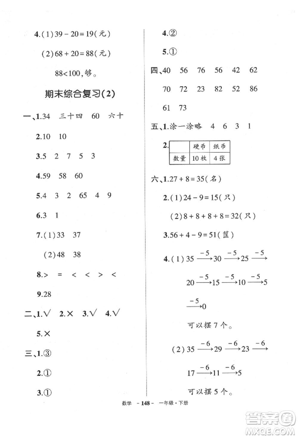 武漢出版社2022狀元成才路創(chuàng)優(yōu)作業(yè)100分一年級下冊數(shù)學人教版貴州專版參考答案