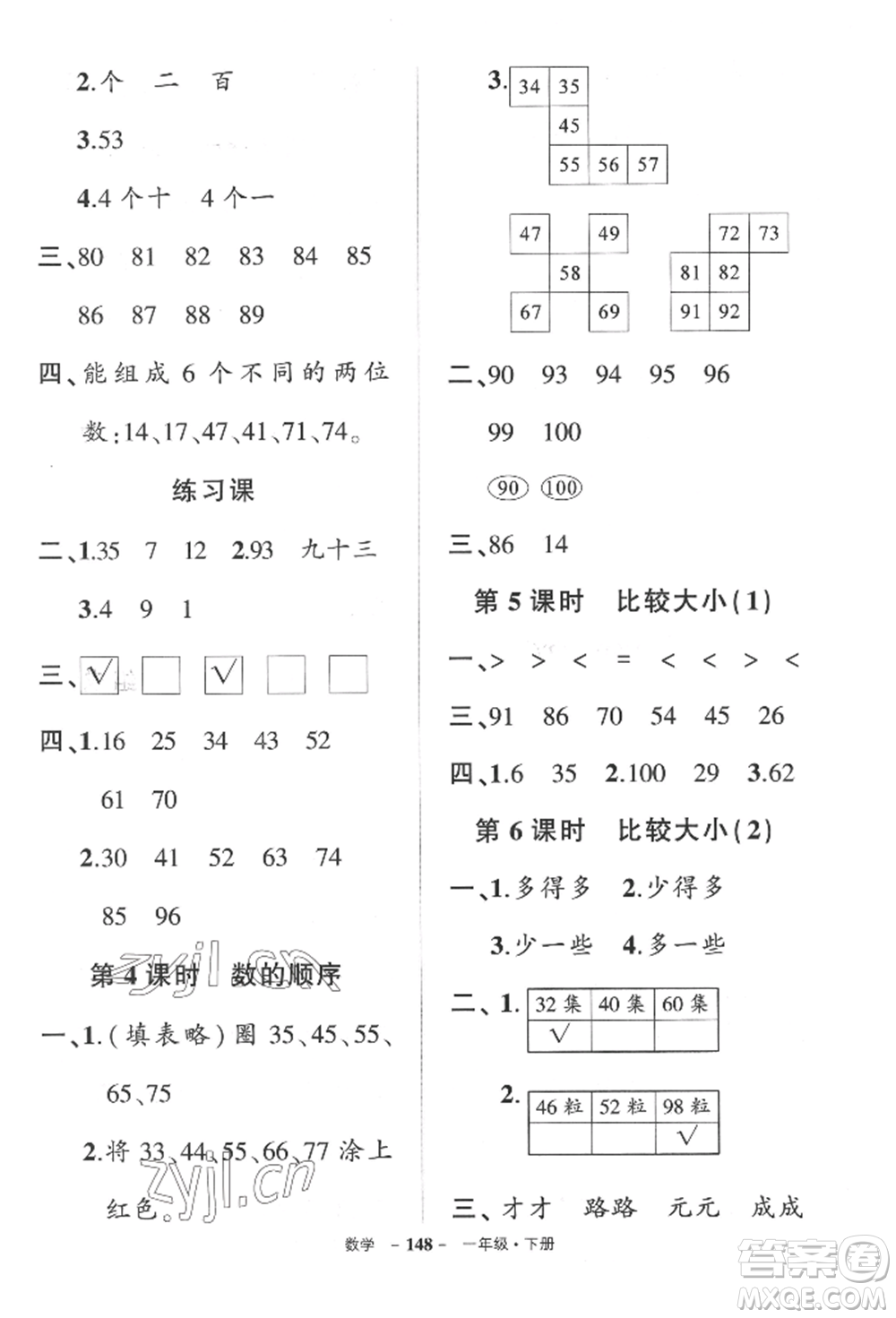 武漢出版社2022狀元成才路創(chuàng)優(yōu)作業(yè)100分一年級下冊數(shù)學(xué)人教版湖北專版參考答案