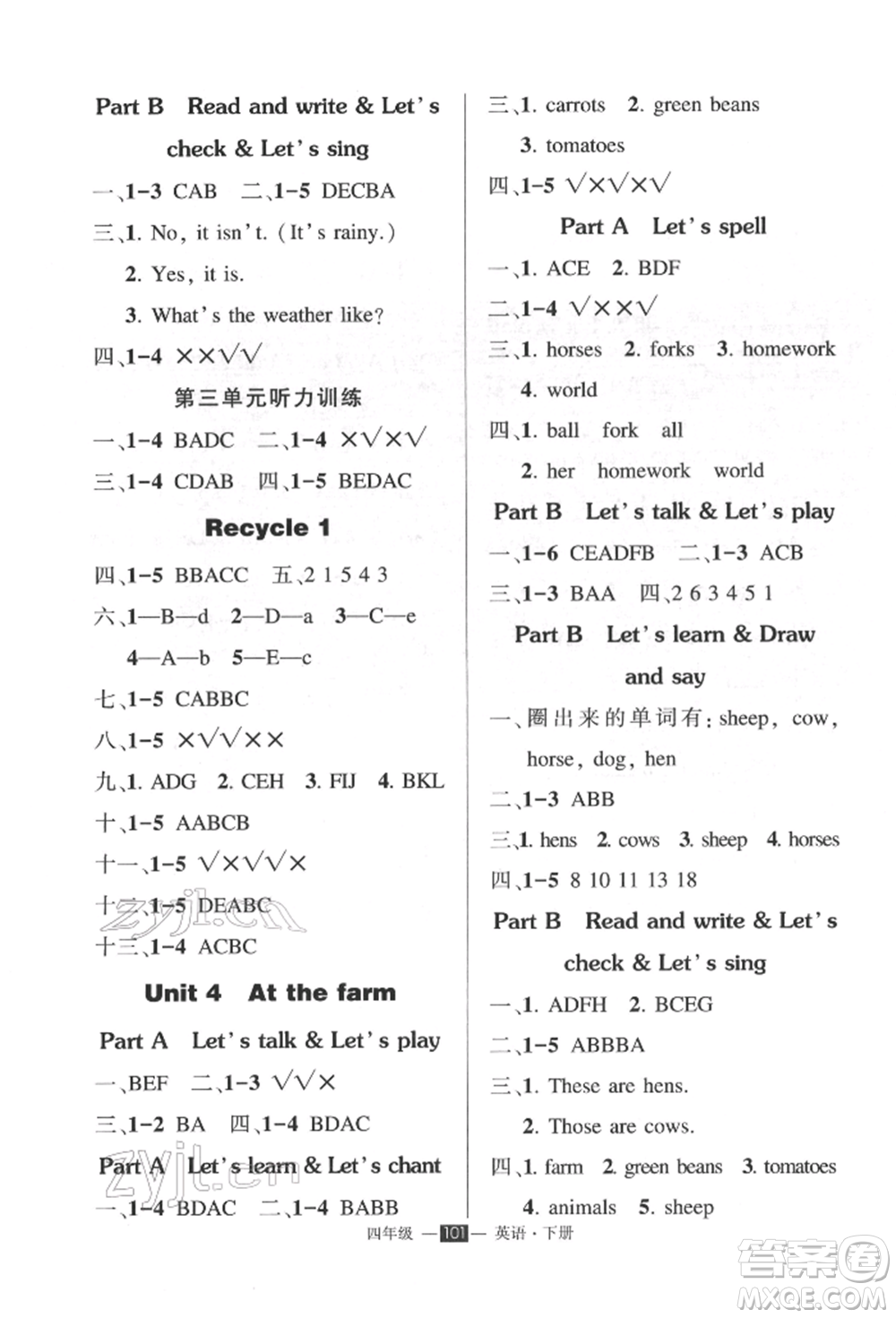 長江出版社2022狀元成才路創(chuàng)優(yōu)作業(yè)100分四年級下冊英語人教版參考答案