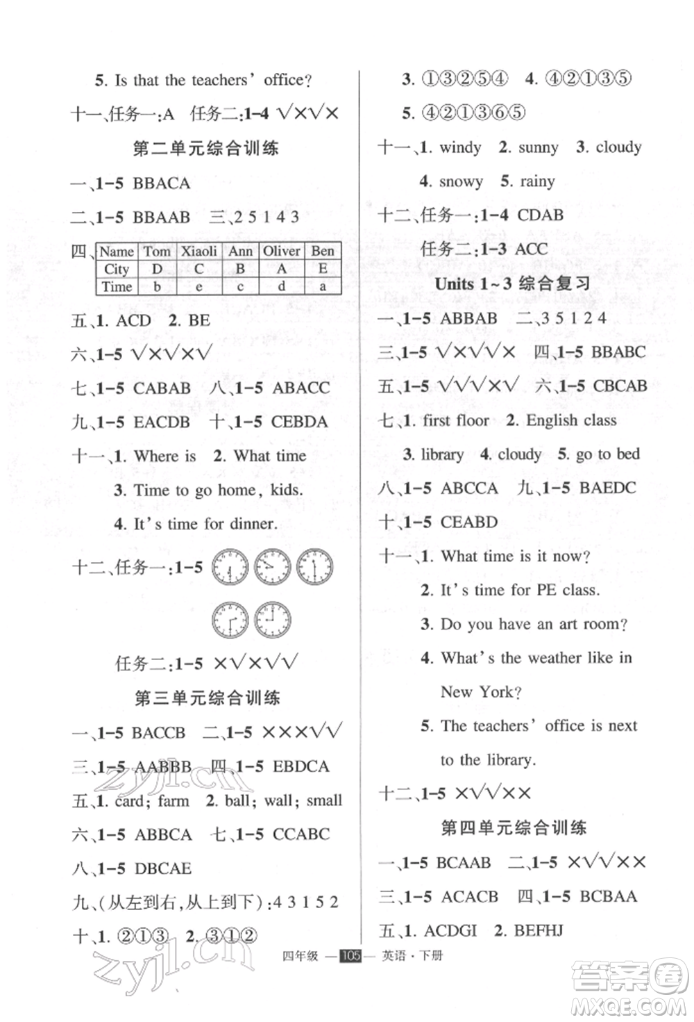 長江出版社2022狀元成才路創(chuàng)優(yōu)作業(yè)100分四年級下冊英語人教版參考答案