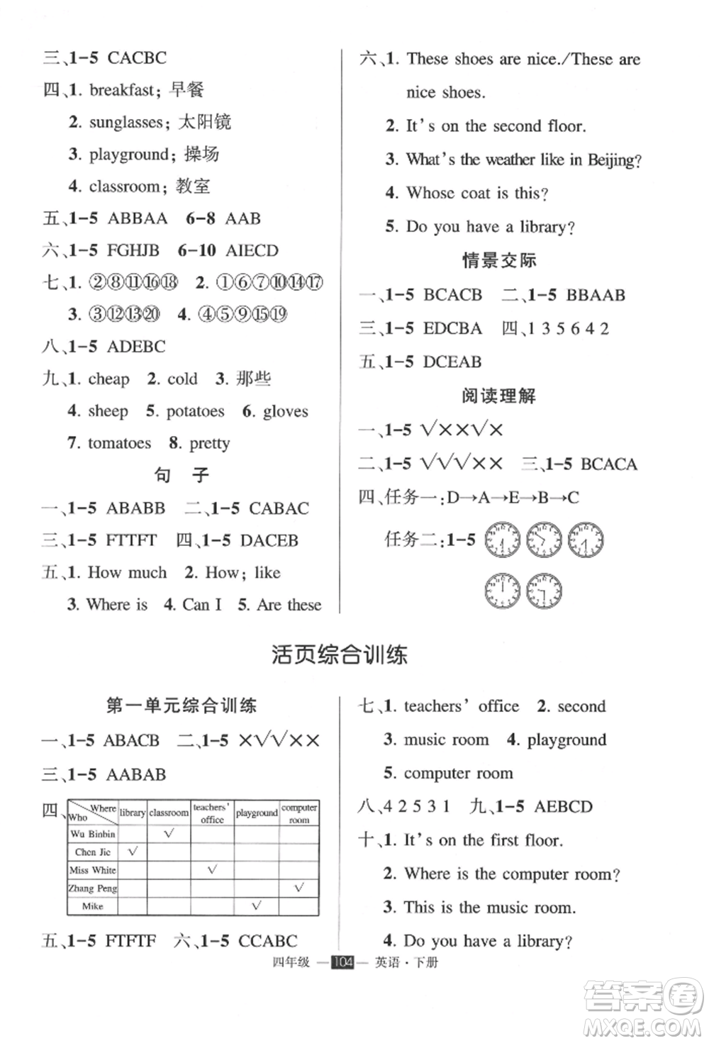 長江出版社2022狀元成才路創(chuàng)優(yōu)作業(yè)100分四年級下冊英語人教版參考答案