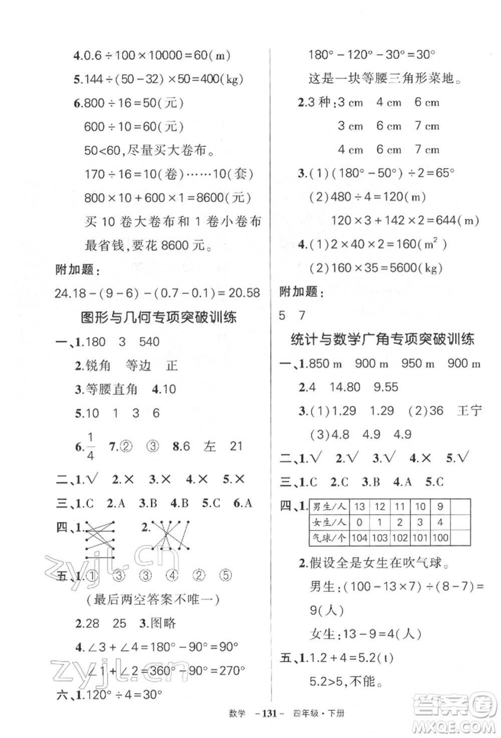 武漢出版社2022狀元成才路創(chuàng)優(yōu)作業(yè)100分四年級下冊數(shù)學(xué)人教版湖北專版參考答案