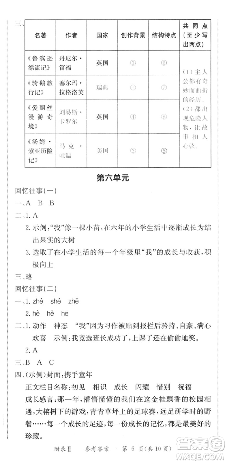 龍門書局2022黃岡小狀元作業(yè)本六年級語文下冊R人教版廣東專版答案