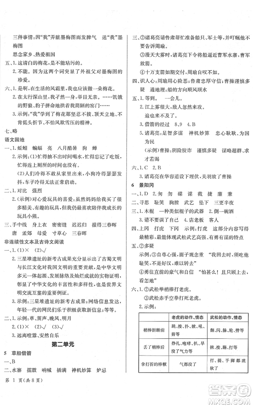 龍門書局2022黃岡小狀元作業(yè)本五年級語文下冊R人教版廣東專版答案