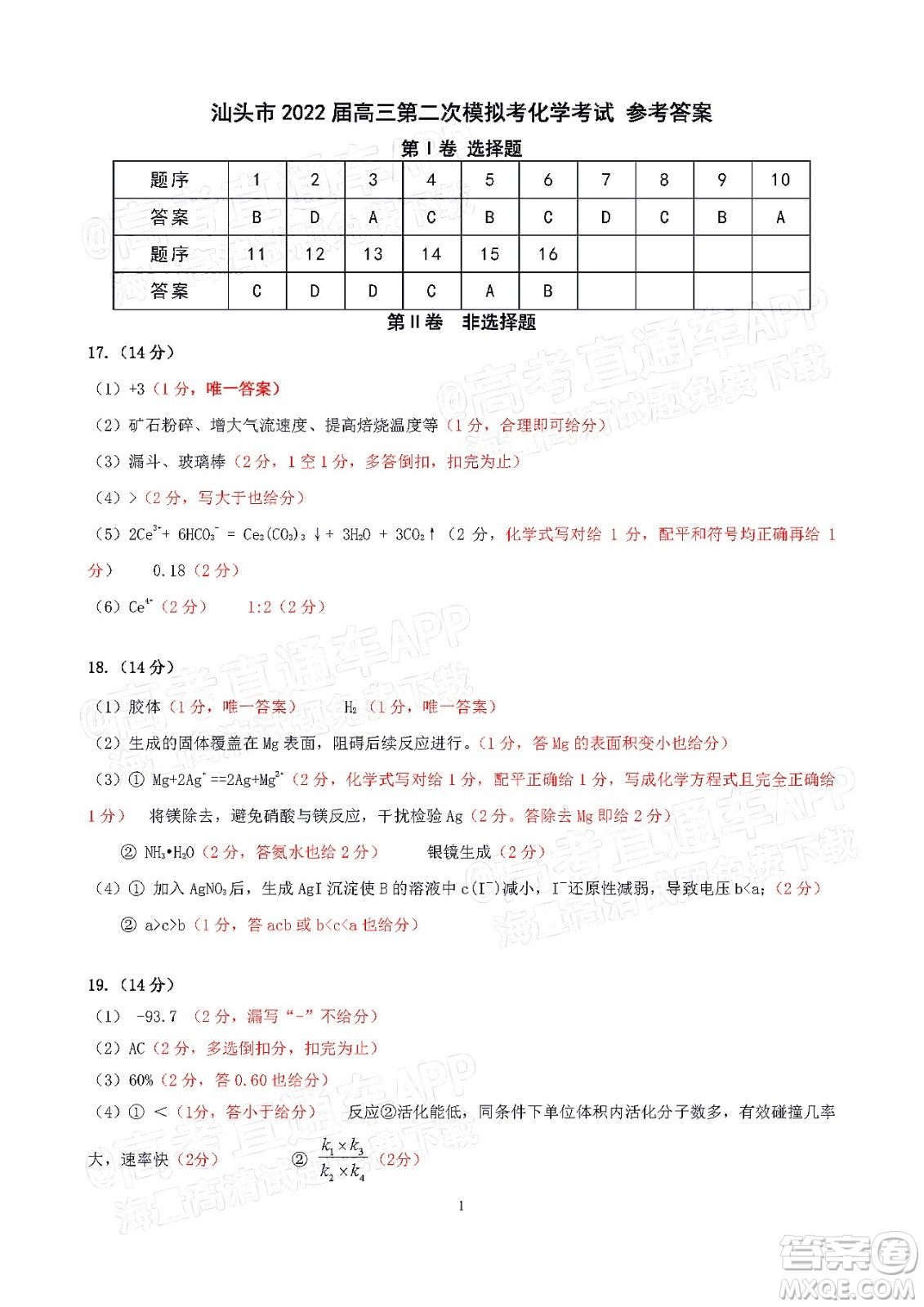 2022年汕頭市普通高考第一次模擬考試試題化學(xué)答案