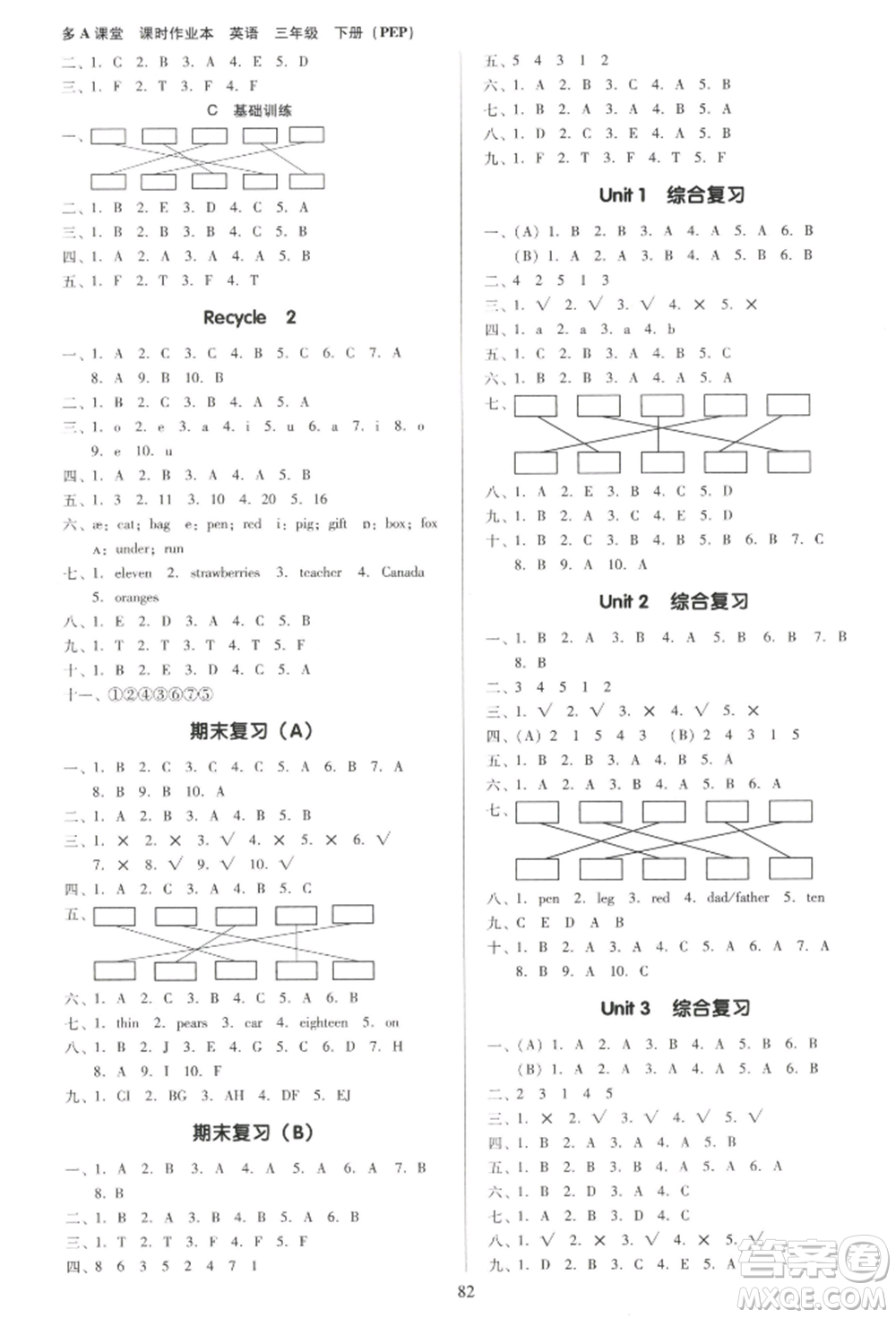 二十一世紀(jì)出版社集團(tuán)2022多A課堂課時(shí)廣東作業(yè)本三年級(jí)下冊(cè)英語(yǔ)人教版參考答案