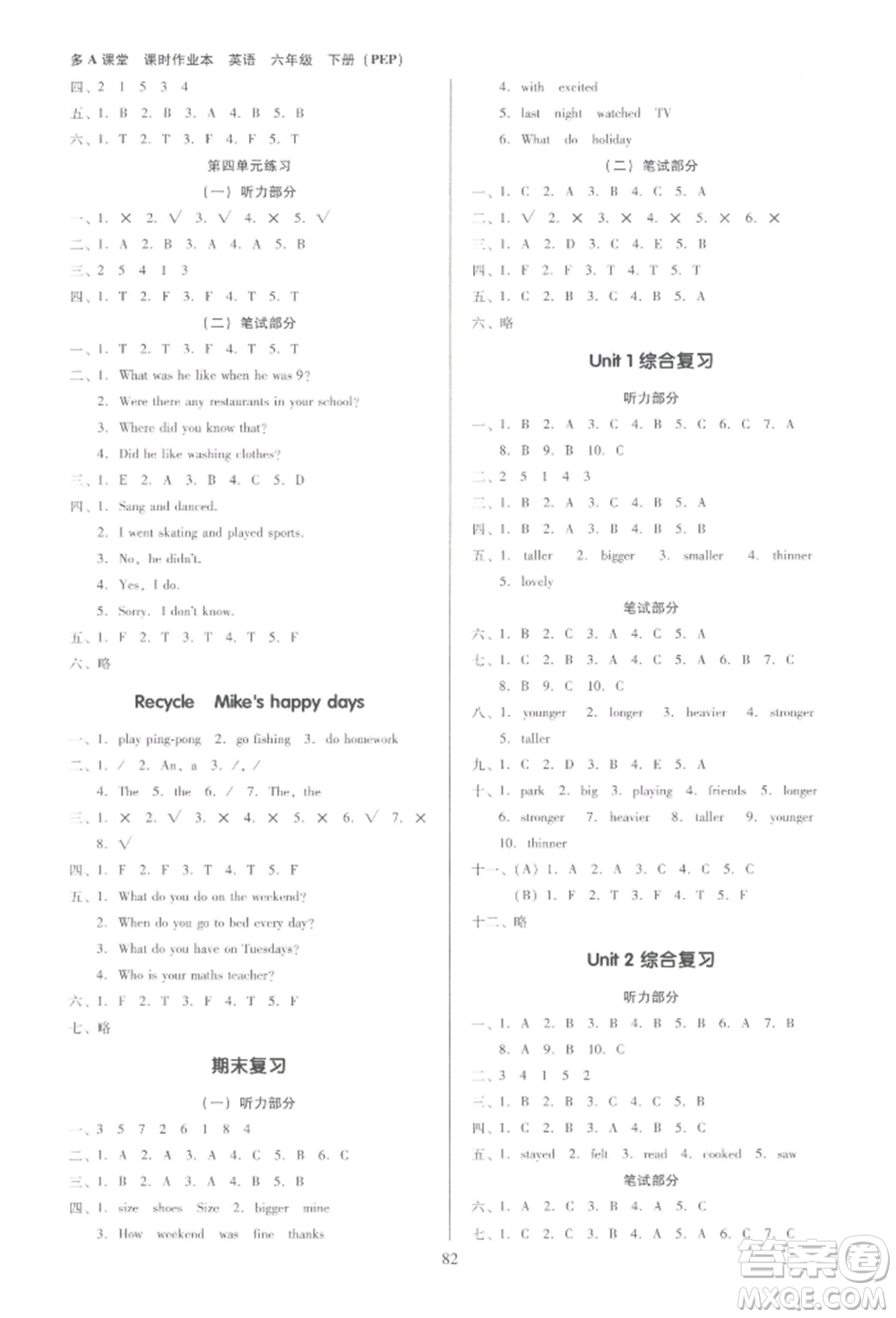 二十一世紀(jì)出版社集團(tuán)2022多A課堂課時(shí)廣東作業(yè)本六年級(jí)下冊(cè)英語(yǔ)人教版參考答案