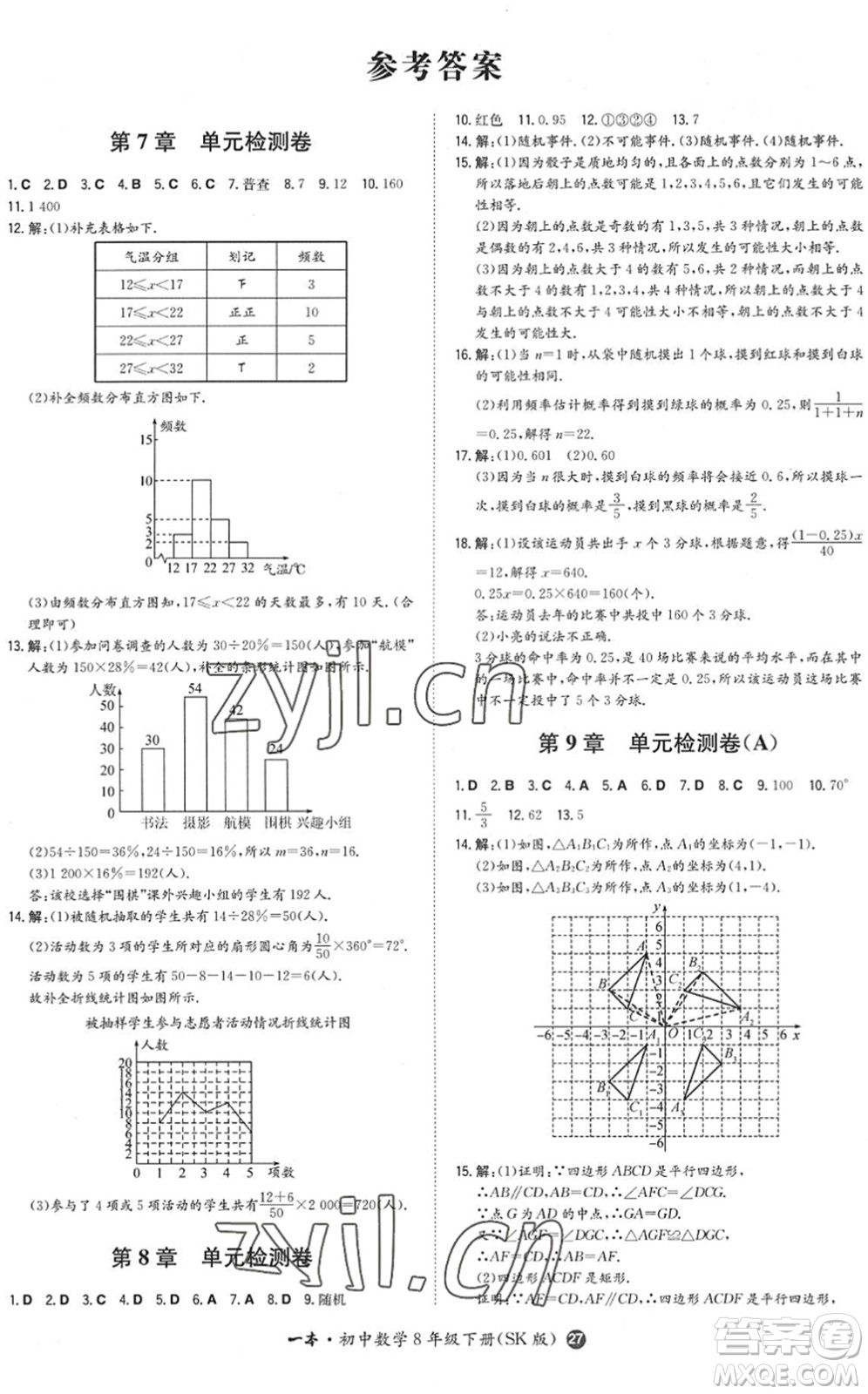 湖南教育出版社2022一本同步訓(xùn)練八年級數(shù)學(xué)下冊SK蘇科版答案