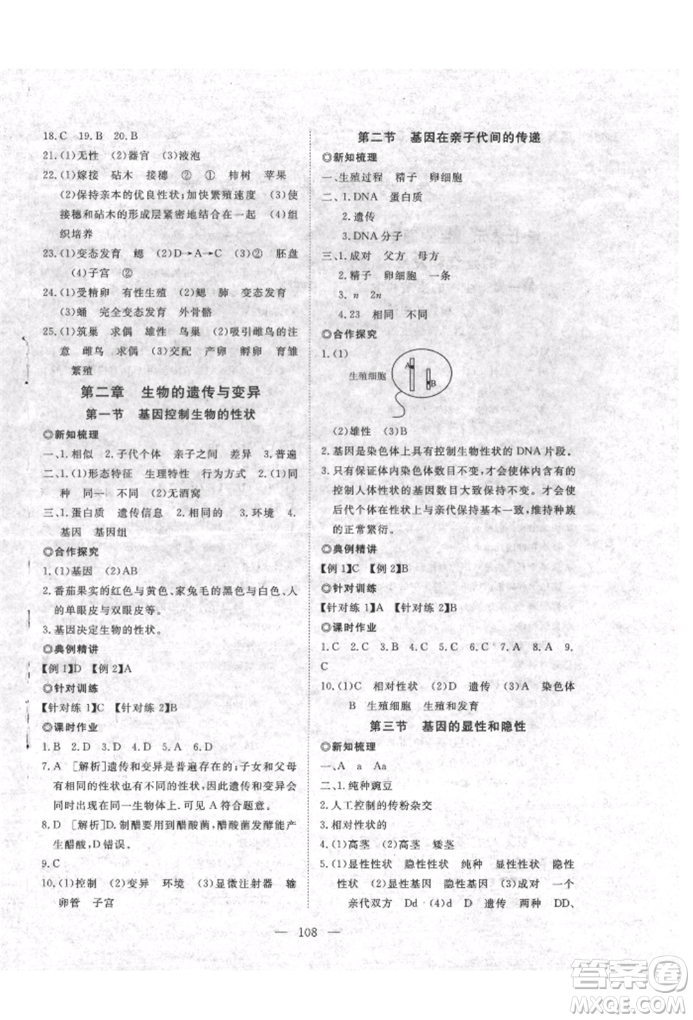 湖北科學技術出版社2022高效課堂導學案八年級下冊生物通用版參考答案