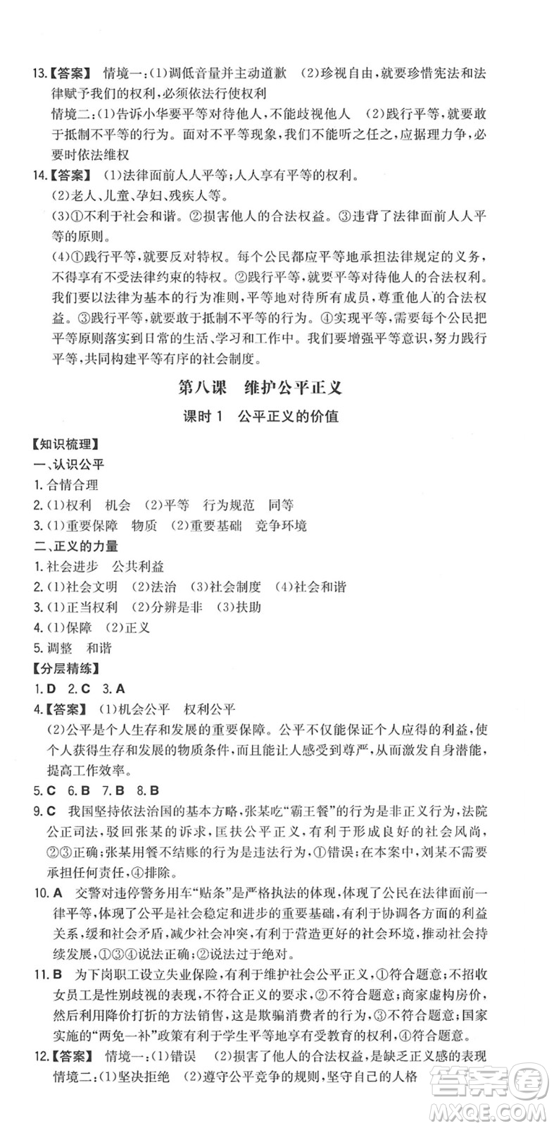 湖南教育出版社2022一本同步訓(xùn)練八年級(jí)道德與法治下冊(cè)RJ人教版答案