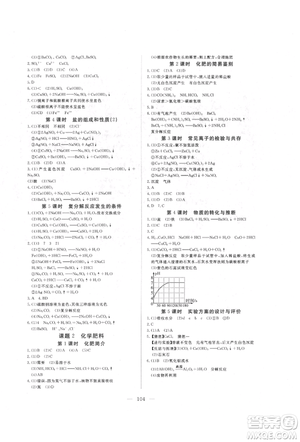 湖北科學技術出版社2022高效課堂導學案九年級下冊化學人教版荊州專版參考答案