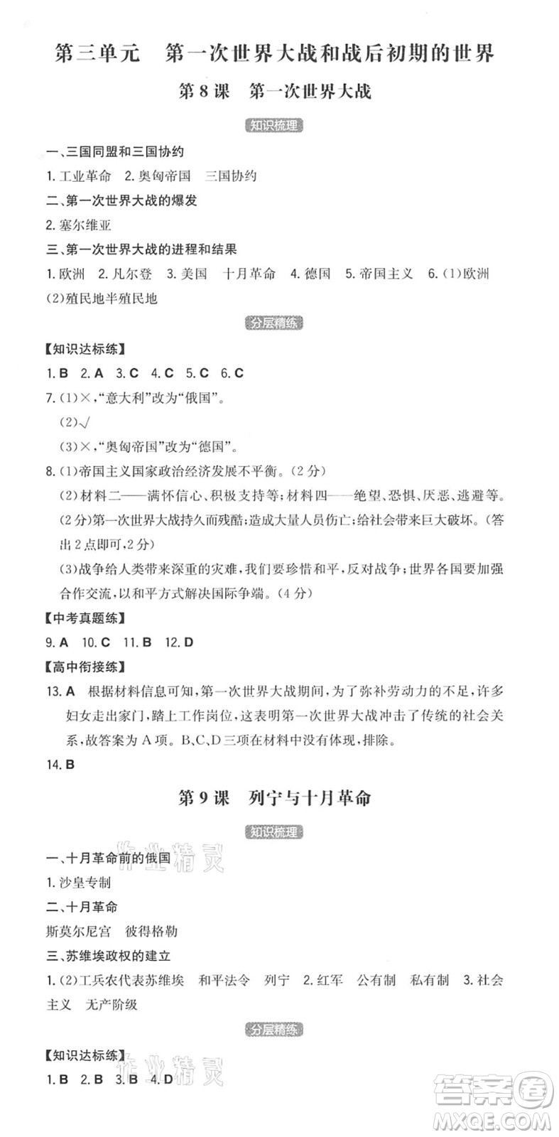 湖南教育出版社2022一本同步訓(xùn)練九年級(jí)歷史下冊(cè)RJ人教版安徽專(zhuān)版答案