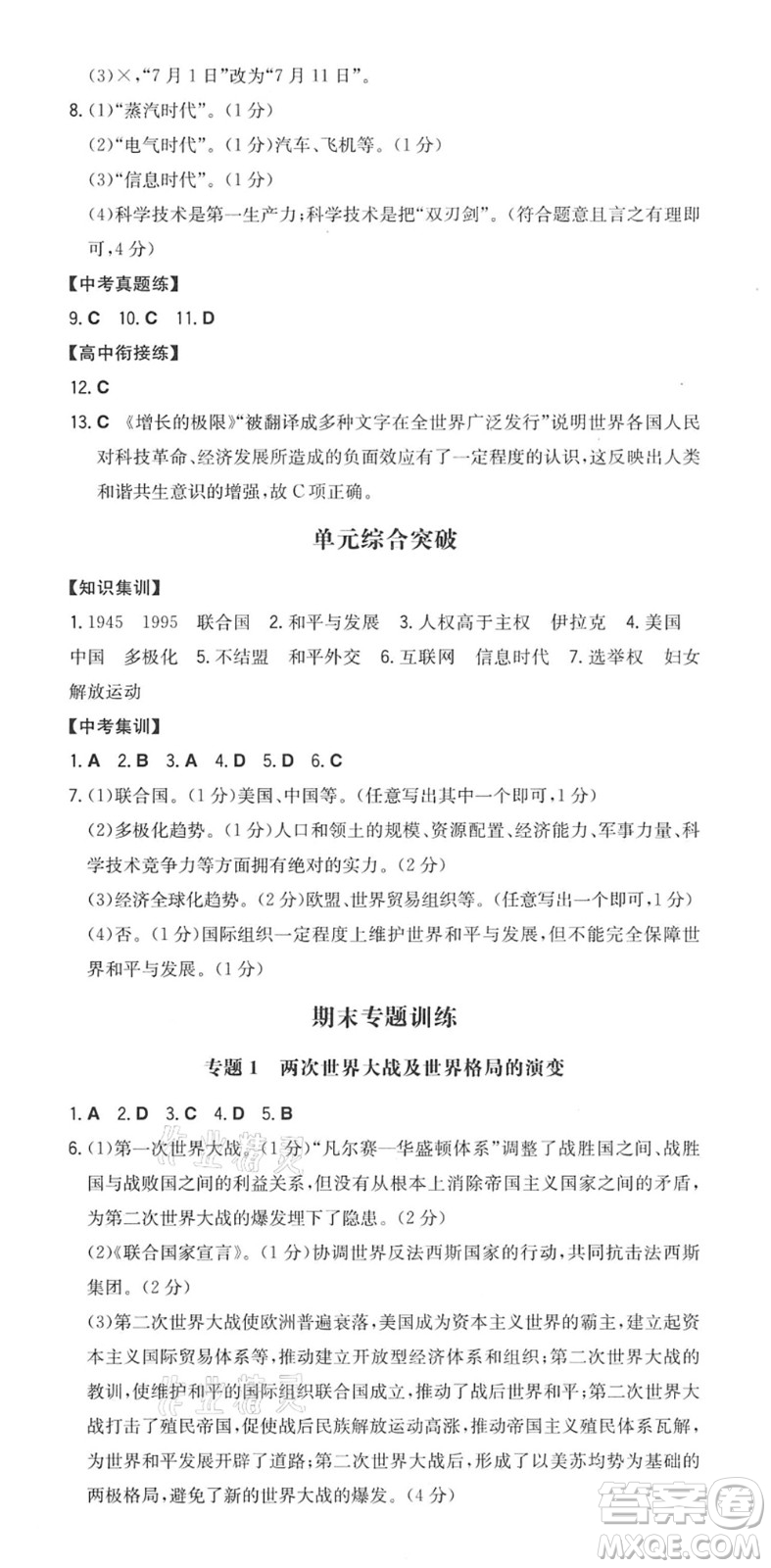 湖南教育出版社2022一本同步訓(xùn)練九年級(jí)歷史下冊(cè)RJ人教版安徽專(zhuān)版答案