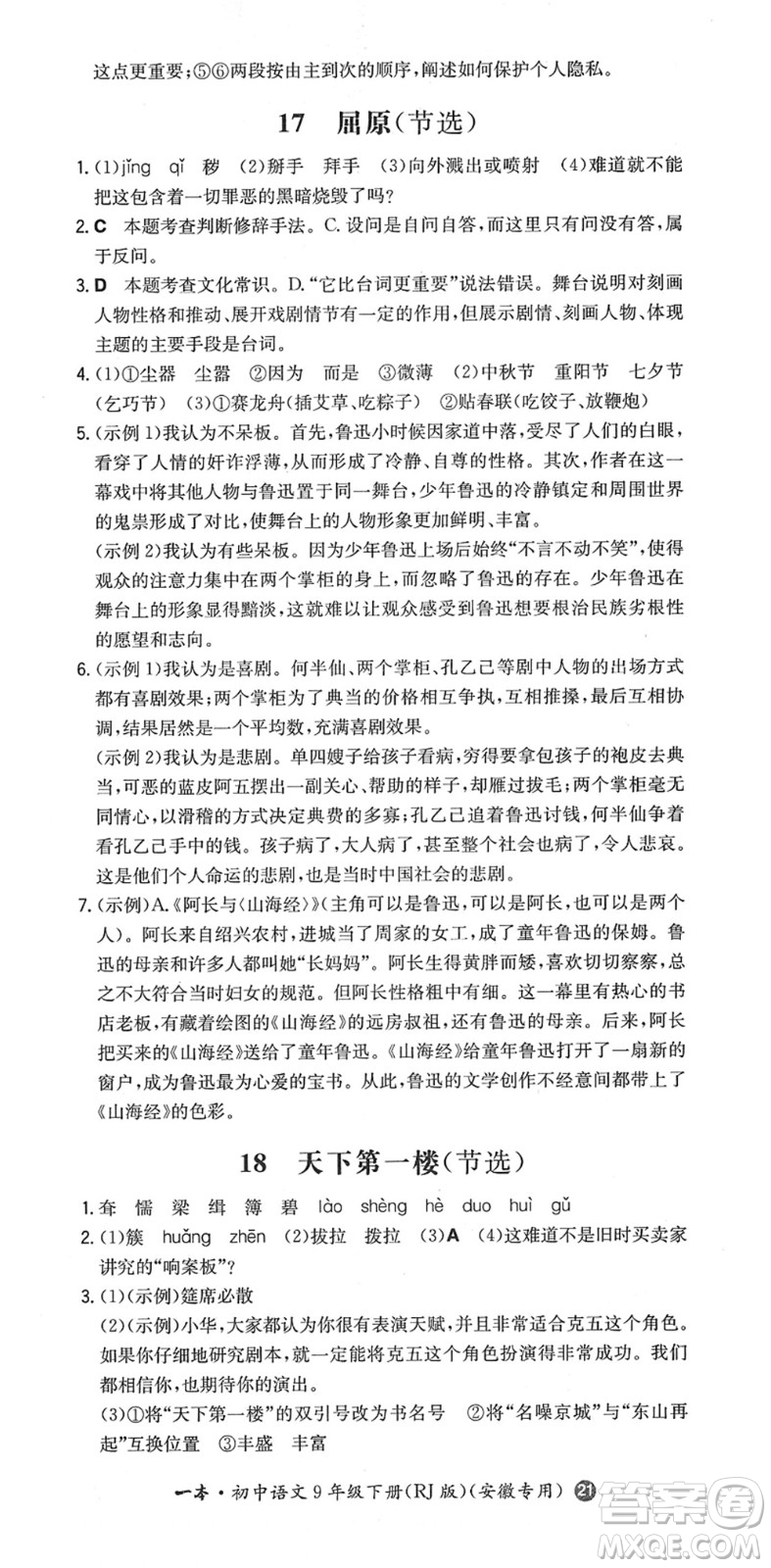 湖南教育出版社2022一本同步訓(xùn)練九年級(jí)語文下冊(cè)RJ人教版安徽專版答案