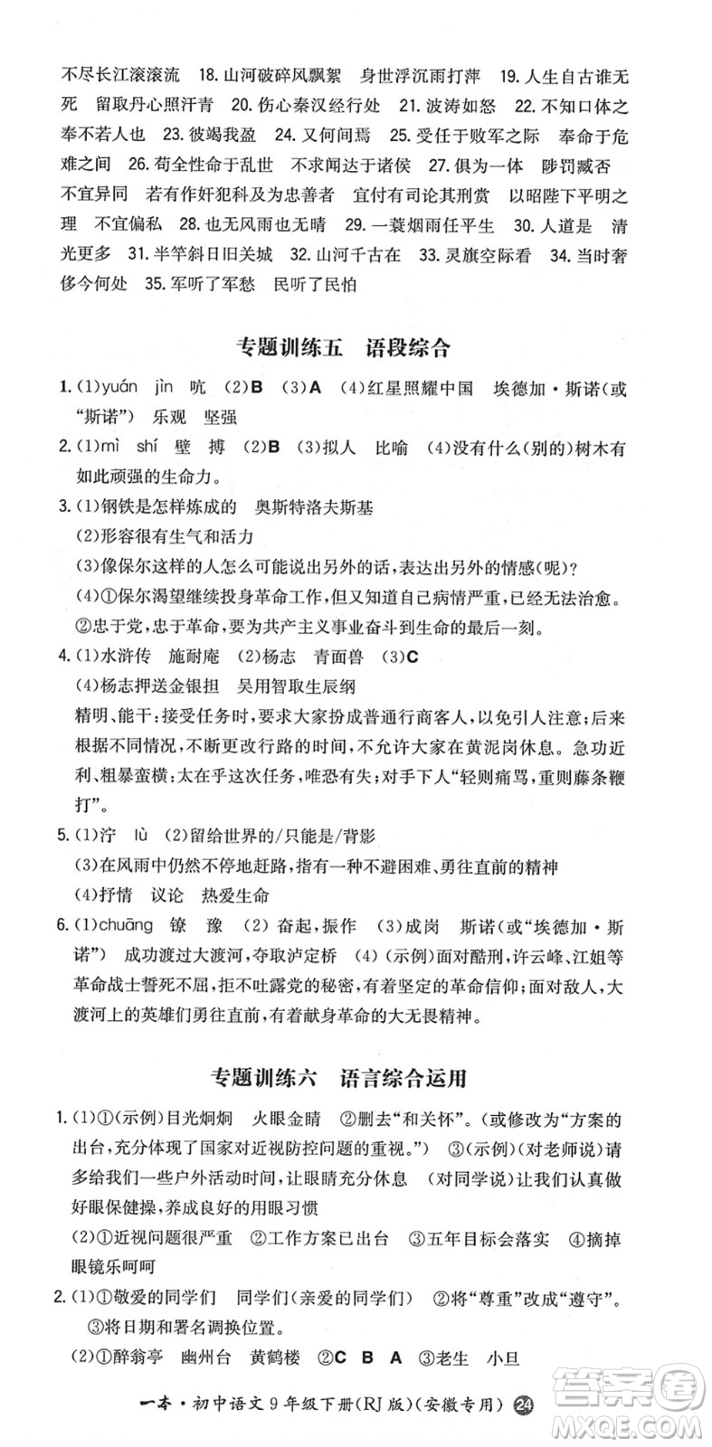 湖南教育出版社2022一本同步訓(xùn)練九年級(jí)語文下冊(cè)RJ人教版安徽專版答案