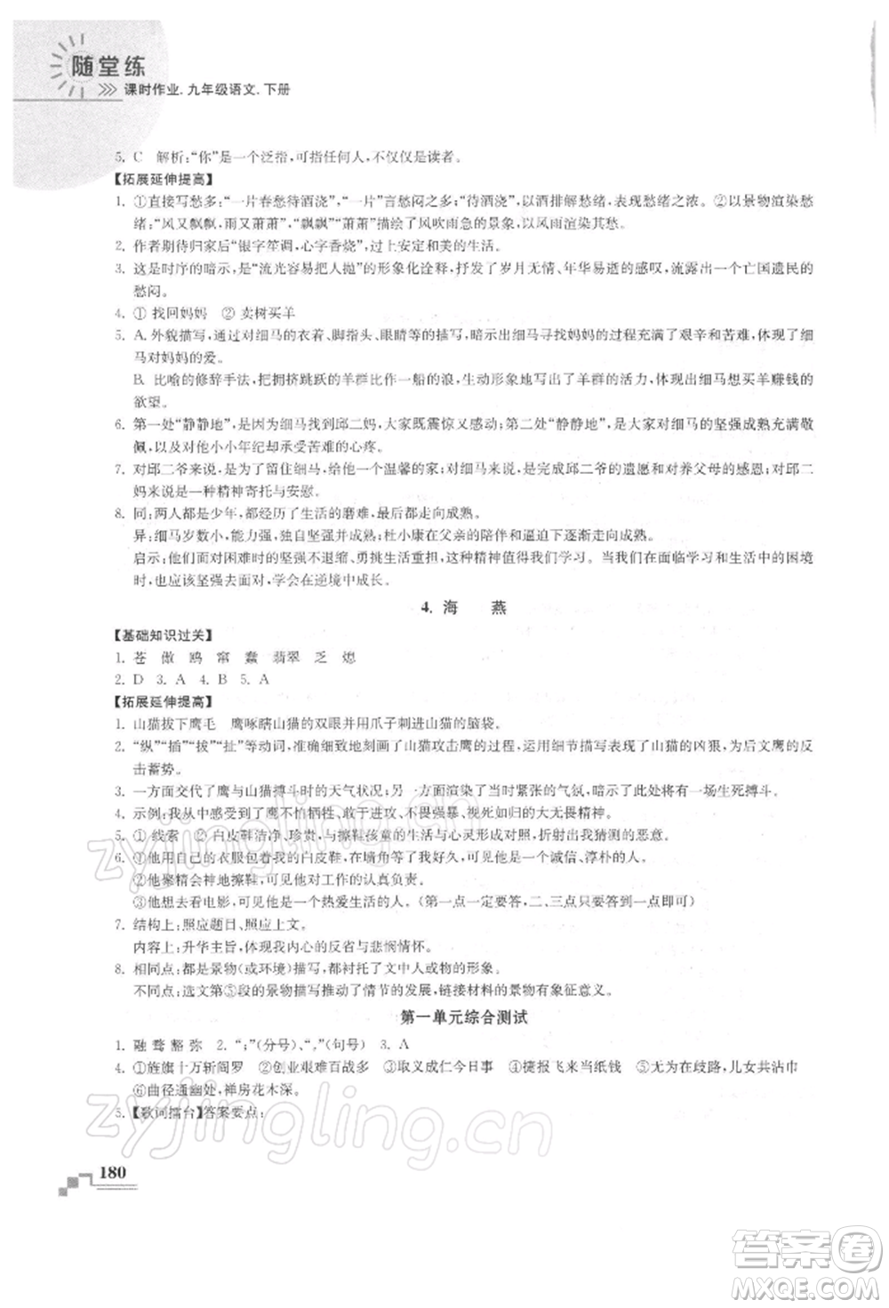 河海大學(xué)出版社2022隨堂練課時作業(yè)九年級下冊語文人教版參考答案