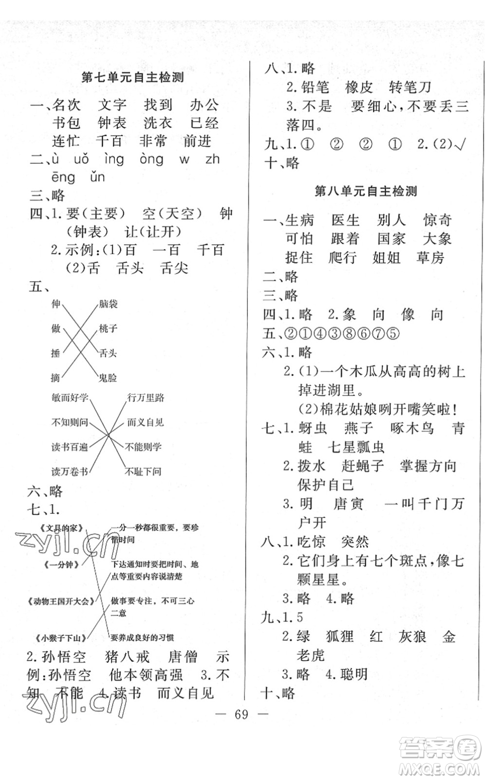 湖北教育出版社2022黃岡測(cè)試卷系列自主檢測(cè)一年級(jí)語(yǔ)文下冊(cè)人教版答案