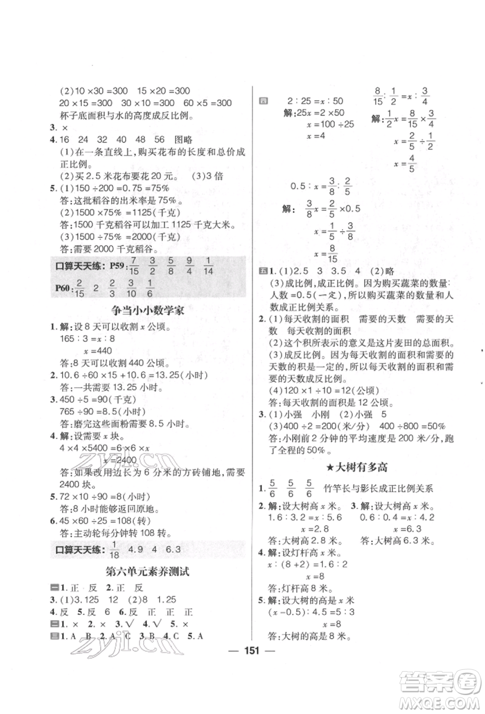 南方出版社2022核心素養(yǎng)天天練六年級(jí)下冊數(shù)學(xué)蘇教版參考答案