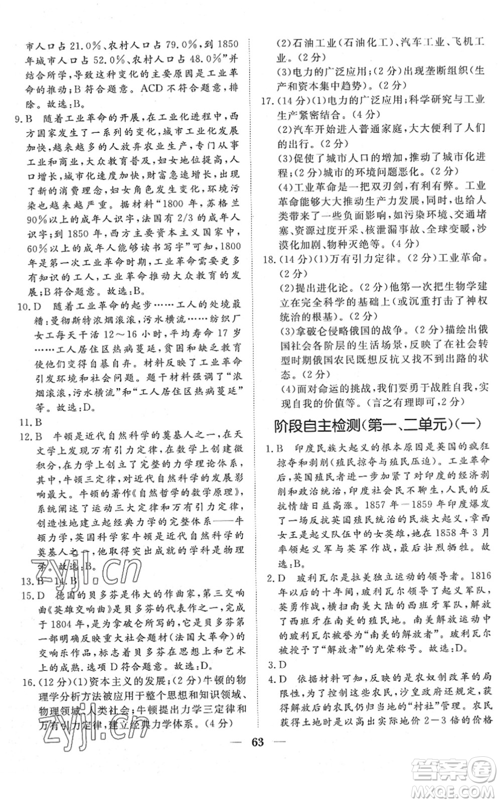 湖北教育出版社2022黃岡測試卷系列自主檢測九年級歷史下冊人教版答案