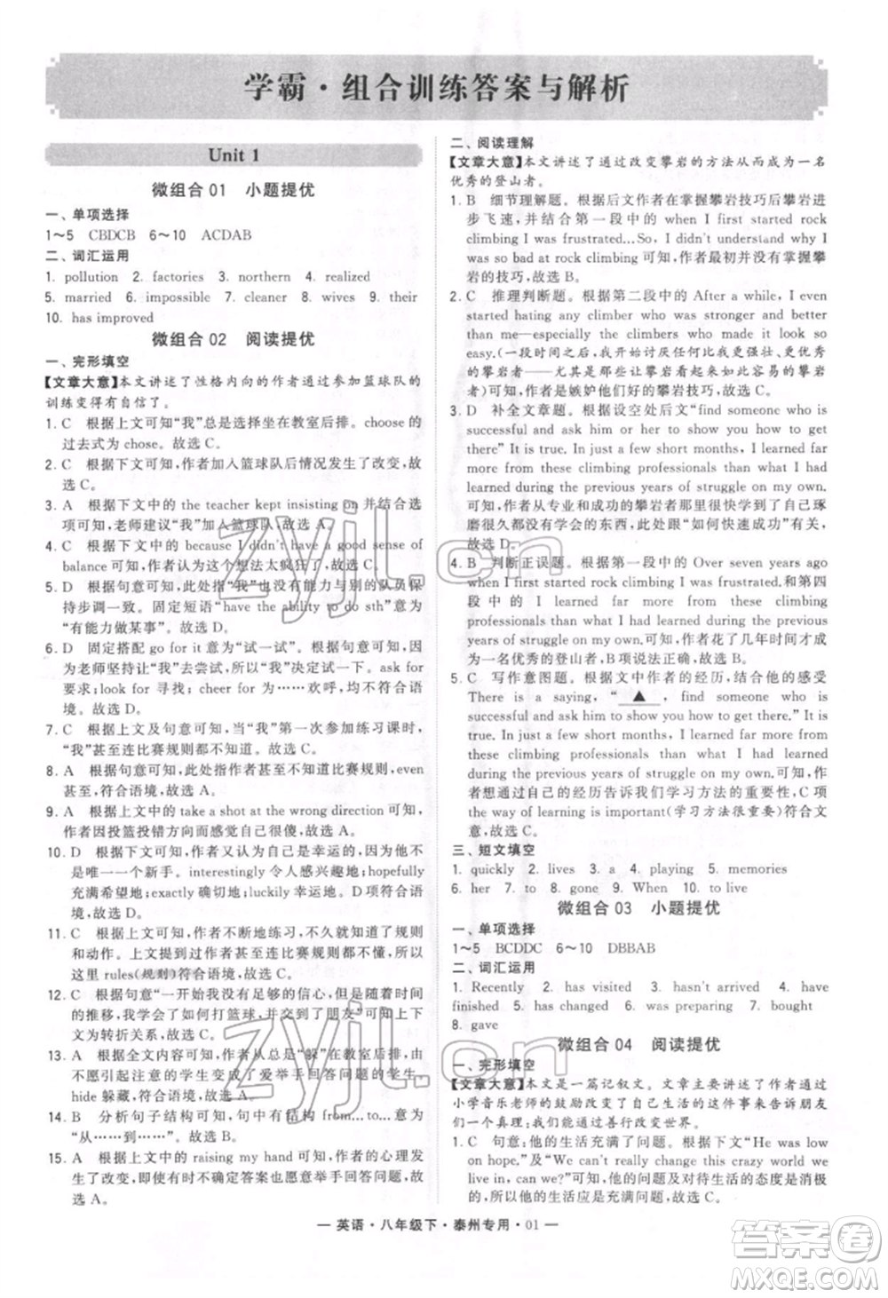 河海大學(xué)出版社2022經(jīng)綸學(xué)典學(xué)霸組合訓(xùn)練八年級(jí)下冊(cè)英語通用版泰州專版參考答案