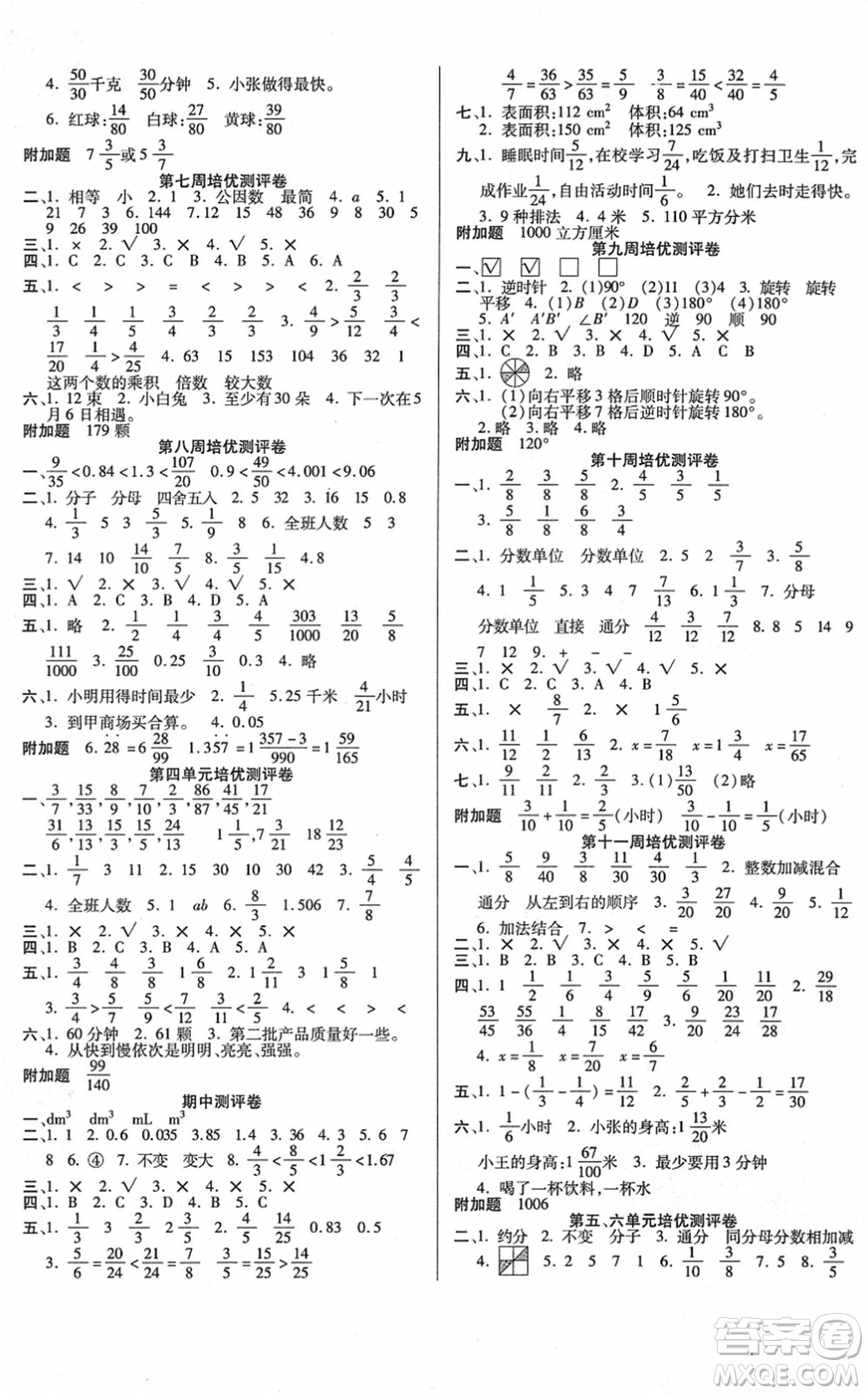 武漢大學(xué)出版社2022培優(yōu)名卷全能卷五年級(jí)數(shù)學(xué)下冊(cè)人教版答案