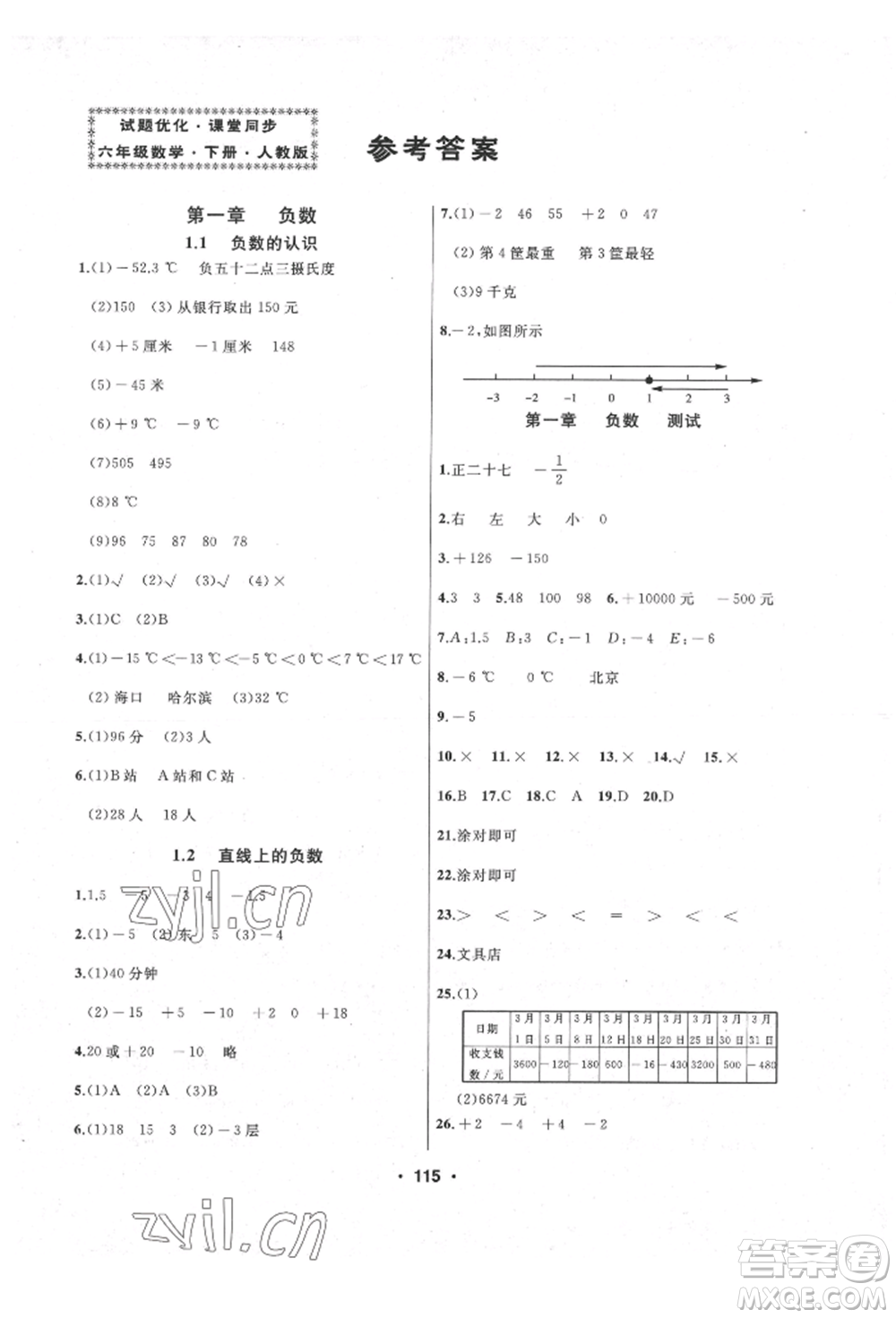 延邊人民出版社2022試題優(yōu)化課堂同步六年級(jí)下冊數(shù)學(xué)人教版參考答案