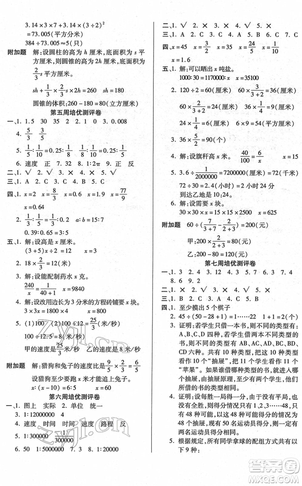 武漢大學(xué)出版社2022培優(yōu)名卷全能卷六年級(jí)數(shù)學(xué)下冊(cè)人教版答案